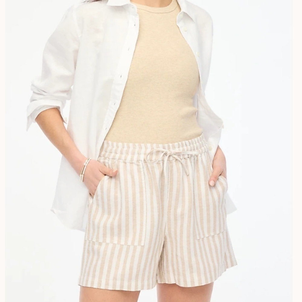 J. Crew Factory Striped Linen-Blend Drawstring Shorts - Vintage Sandstone White